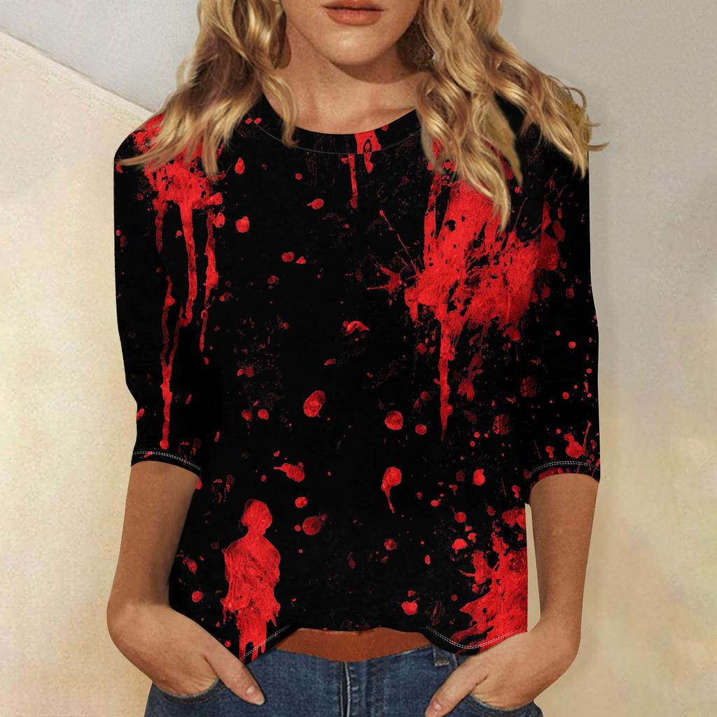 Women's Fashion Casual Round Neck 3/4 Sleeve Loose  Printed T-Shirt Ladies Top
