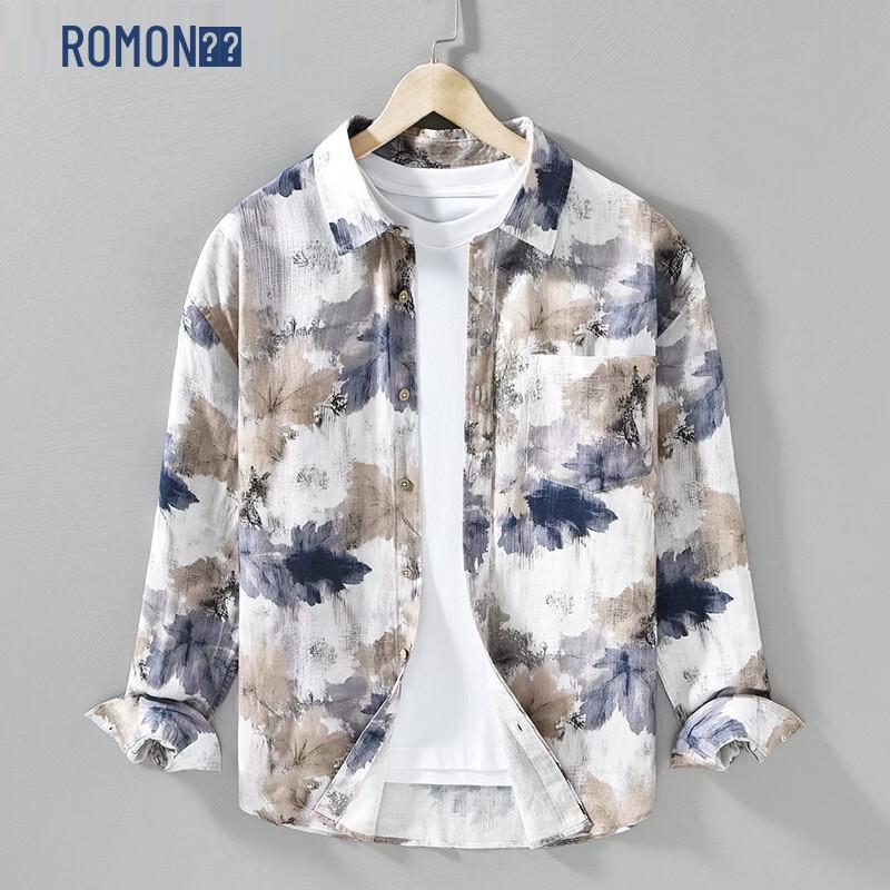 ROMON Men s Tencel Linen Floral Print Long Sleeve Shirt XL