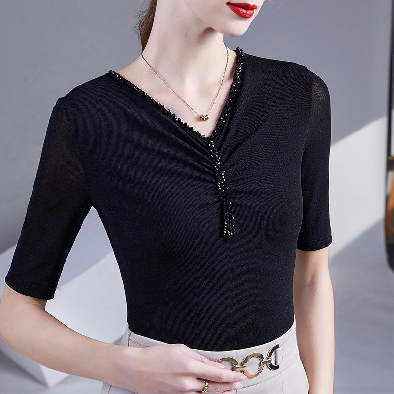 

Футболка с V-образным вырезом и бисерной сеткой, женская весенняя, рукава-пять точек, с низом, узкий топ XXXXL чёрный
