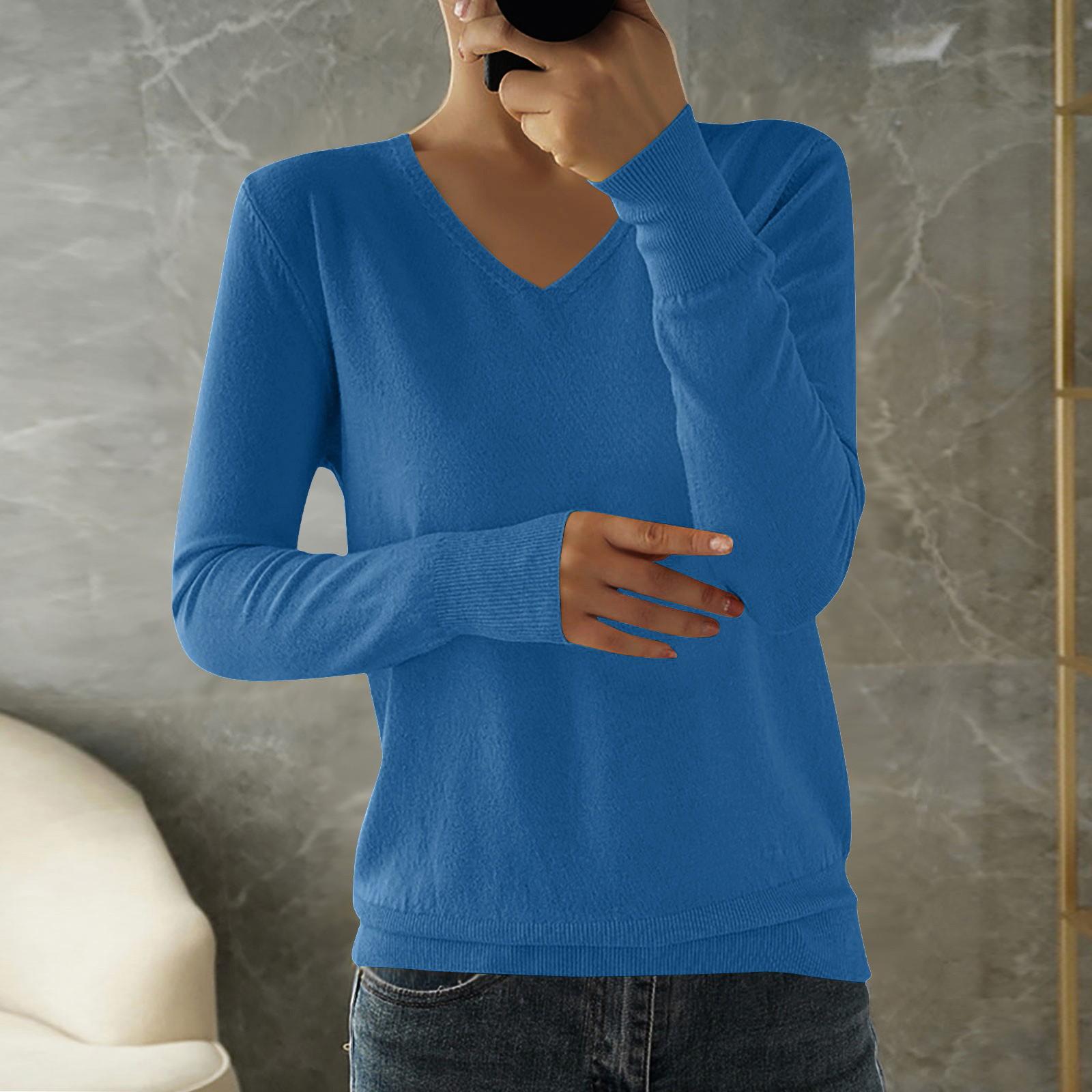 

Женская мода свободный трикотажный свитер нижняя часть рубашки V-образный вырез пуловер длинный рукав однотонный топ L синий