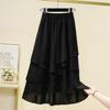 Women's Elastic High Waist Midi Skirt Loose Textured Fabric Irregular Layered Chiffon Cotton Linen Solid Color Casual Summer Half Skirt