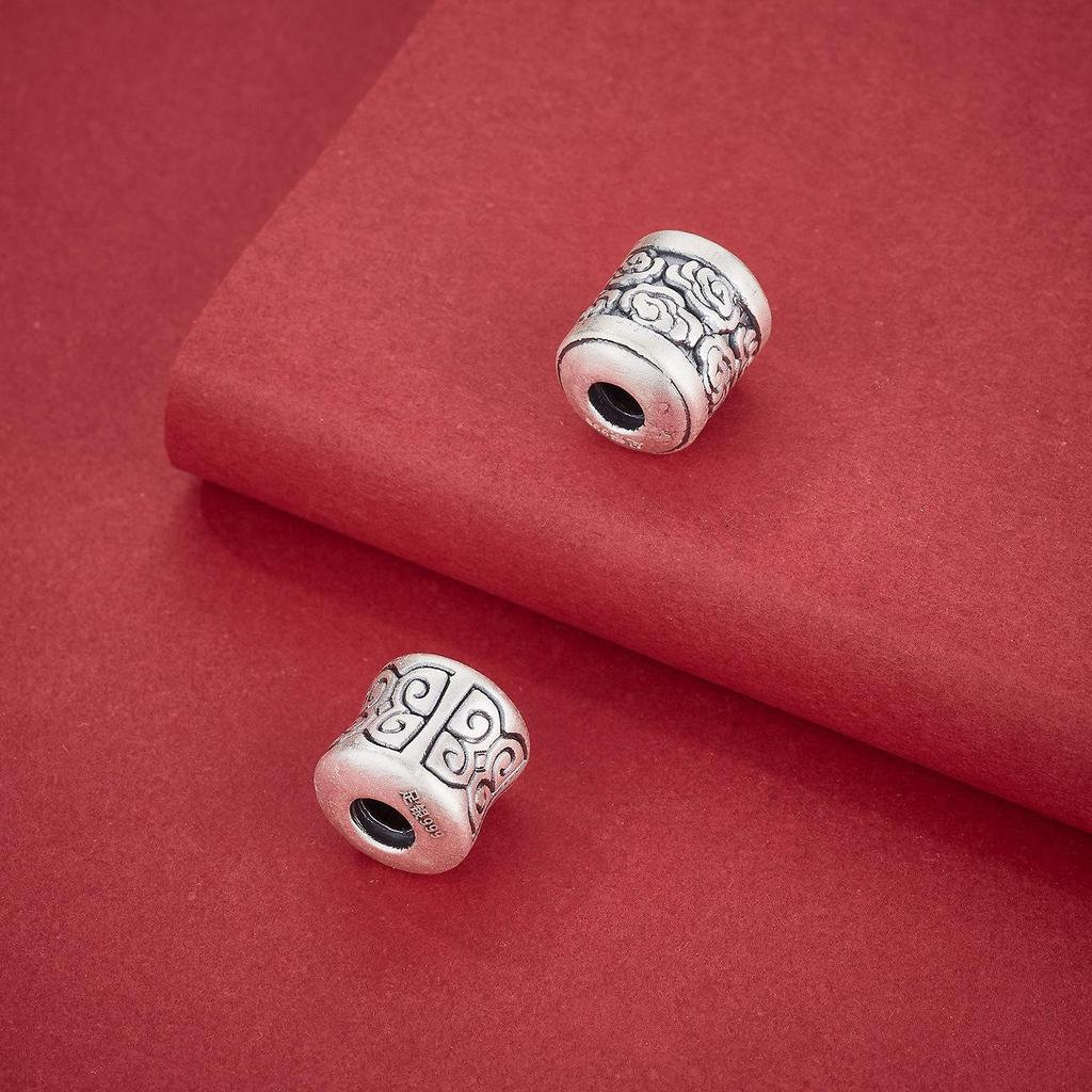 Sterling Silver 999 Ruyi Cloud Pattern Spacer Beads - Chinese Style Barrel Beads for DIY Bracelets