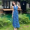 French Blue Neck Sling Floral Dress for Children's Summer New Small Temperament Waist Dress