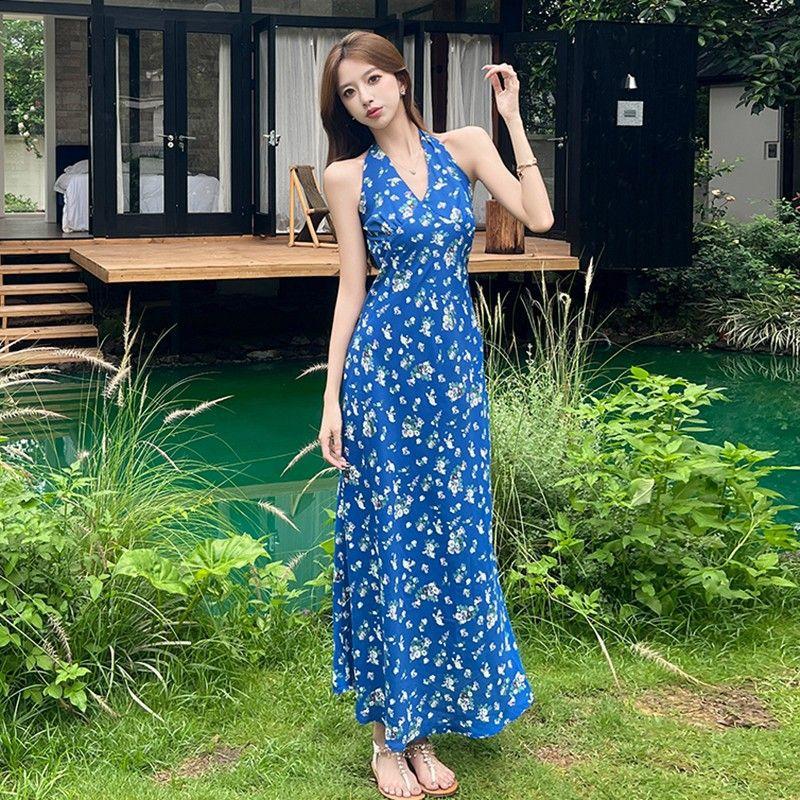 French Blue Neck Sling Floral Dress for Children's Summer New Small Temperament Waist Dress