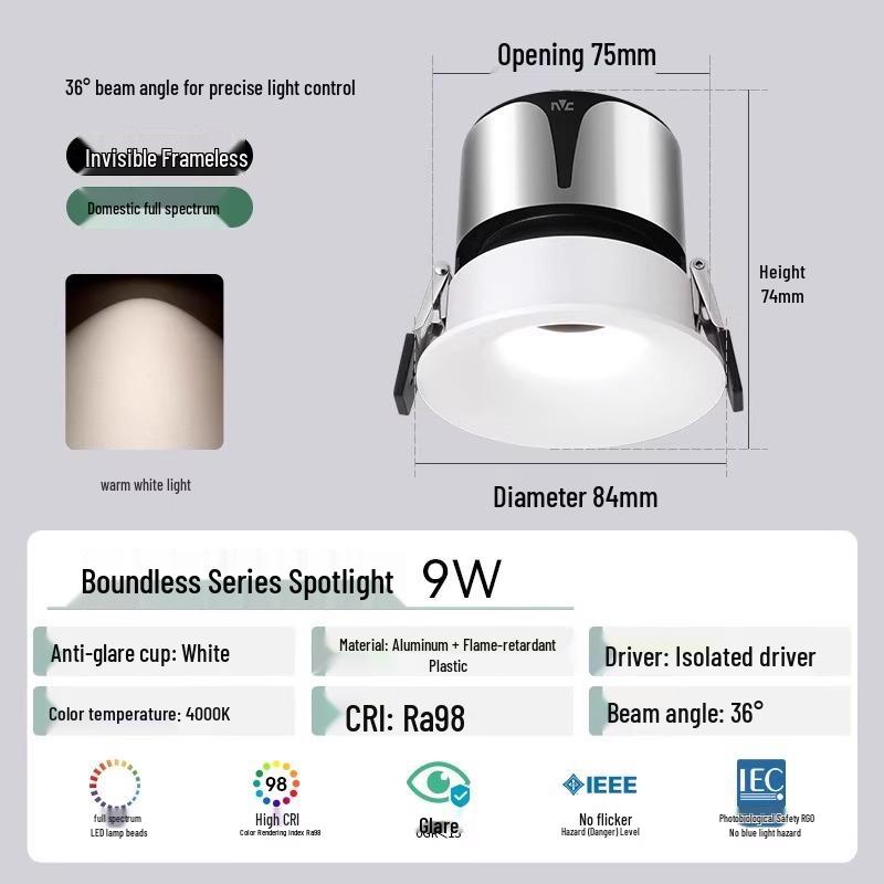 NVC Lighting Frameless LED Spotlight - Anti-Glare, Full Spectrum, Wall Washer, Recessed for Living Room