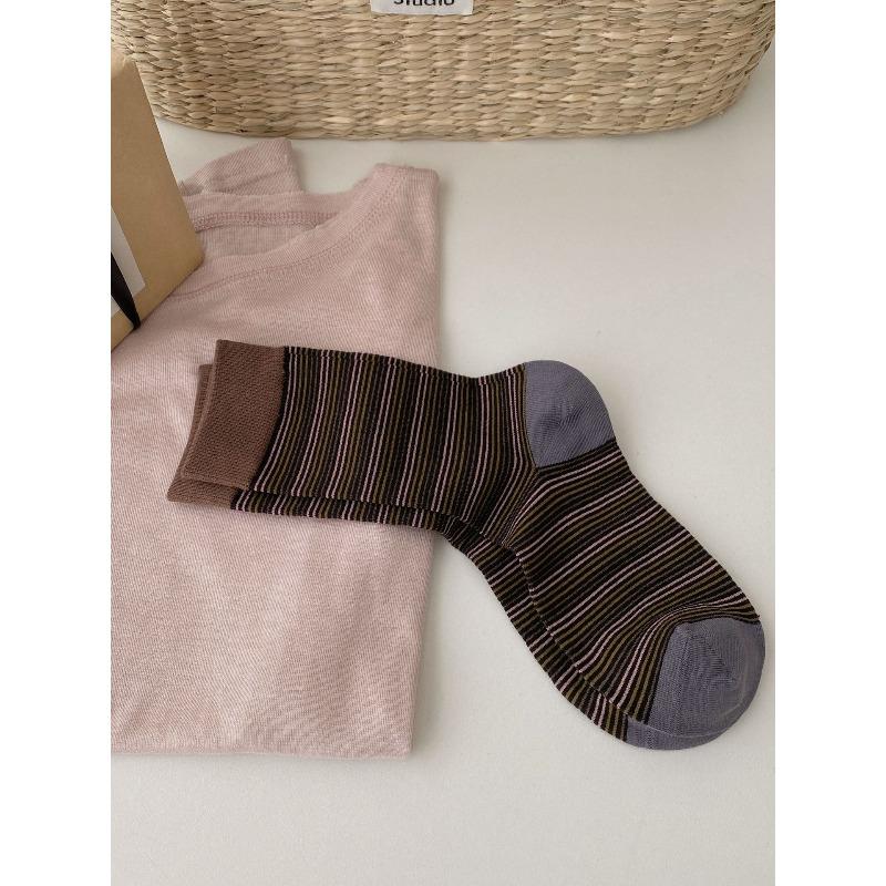 Autumn and Winter Color-blocked Striped Retro Pile Socks, Personalized and Trendy School-style Socks, Pure Cotton Socks for Women