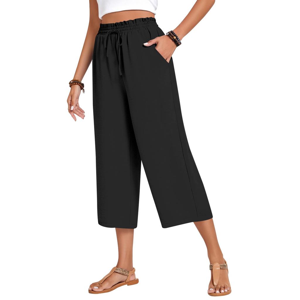 Damen Square Pocket Elastischer Bund Cropped Hose Lässige Baumwoll- und Leinenhose