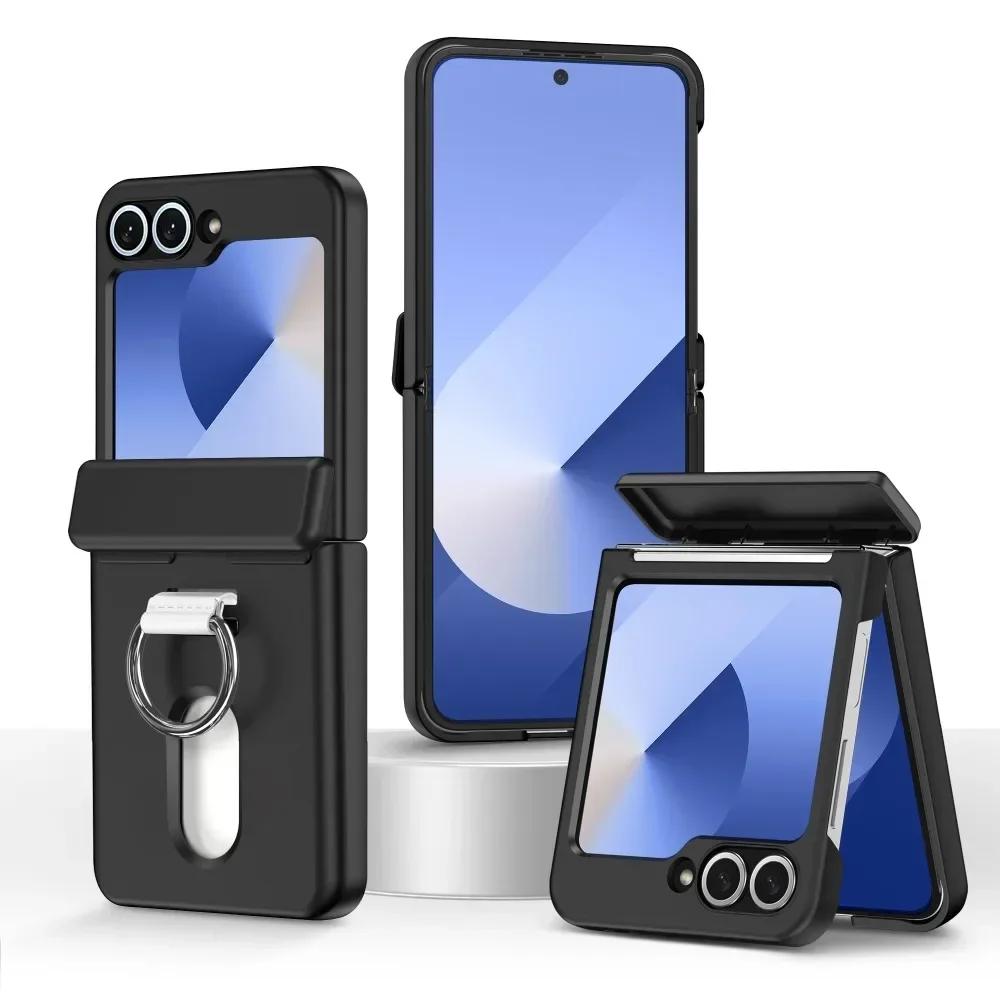 Card Holder Ring Hinge Protection Phone Case For Samsung Galaxy Z Flip 6 5 Flip6 Flip5 5G Hard PC Shockproof Protective Cover