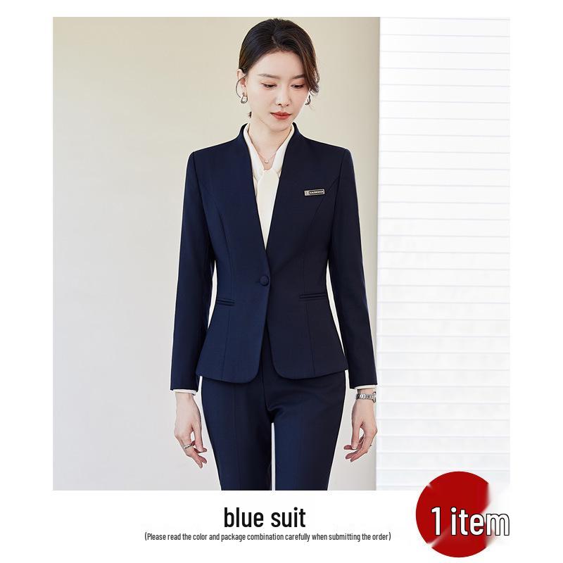 Women's Navy Blue Petite Suit Set for Spring/Autumn - Professional Dress for Interviews & Business