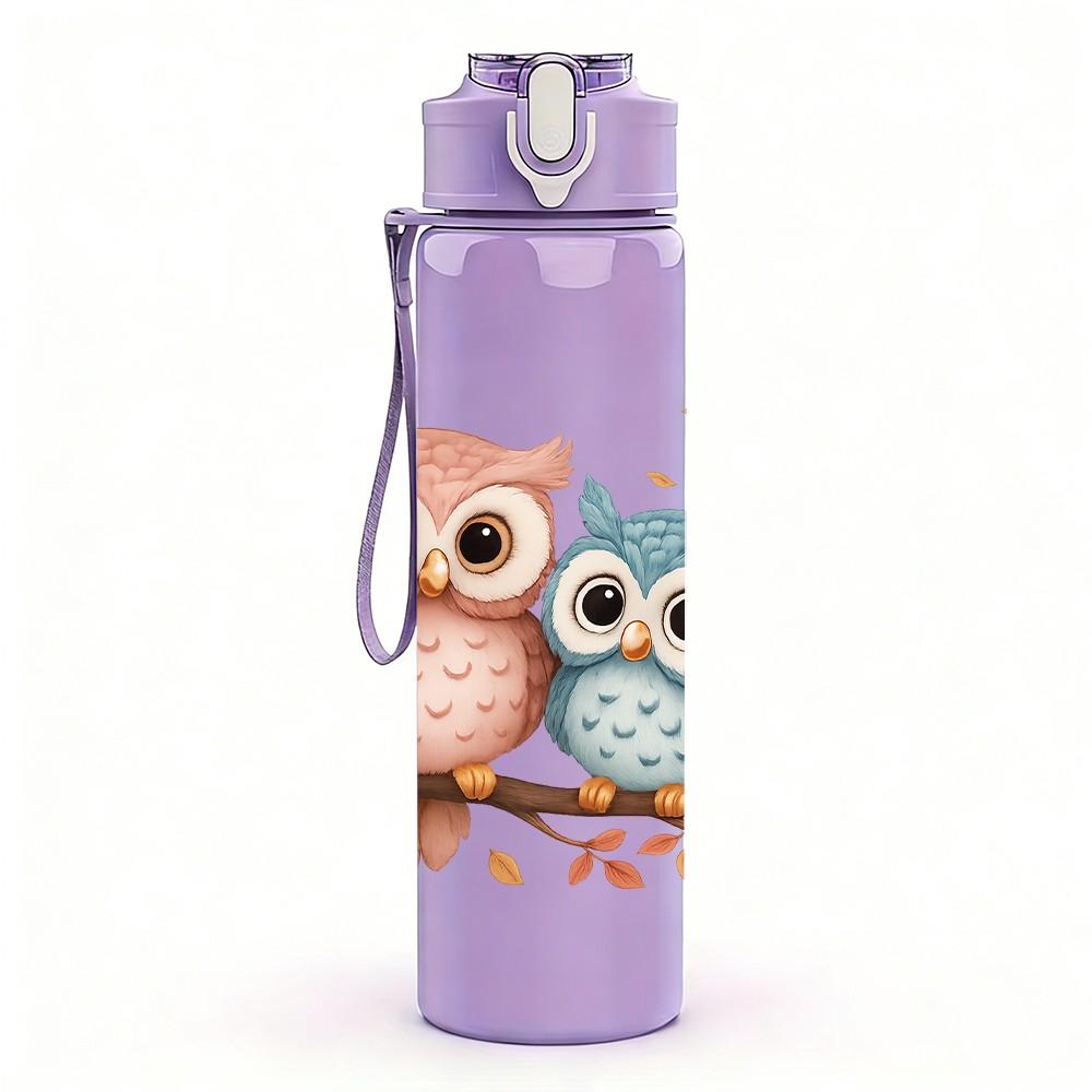 1PC Twin Owl Bird Branch Bust 750ml Color Plastic Sports Water Bottle Leakproof Flip Straw Lid For Sports Office Home Use