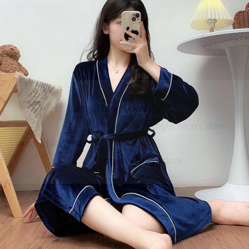 Robe Cămașă de noapte din catifea Haine de acasă pentru femei cu buzunare Vestă de toamnă și iarnă cu mânecă lungă rochie de halat de baie kimono