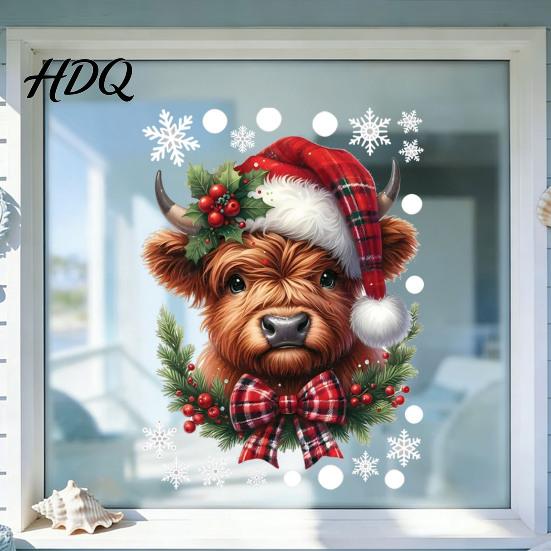 Reusable Window Clings for Classroom Christmas Clings Cute Highland Cow Sticker with Santa Hat Winter Easy Remove Wall Decals Home Double-Side