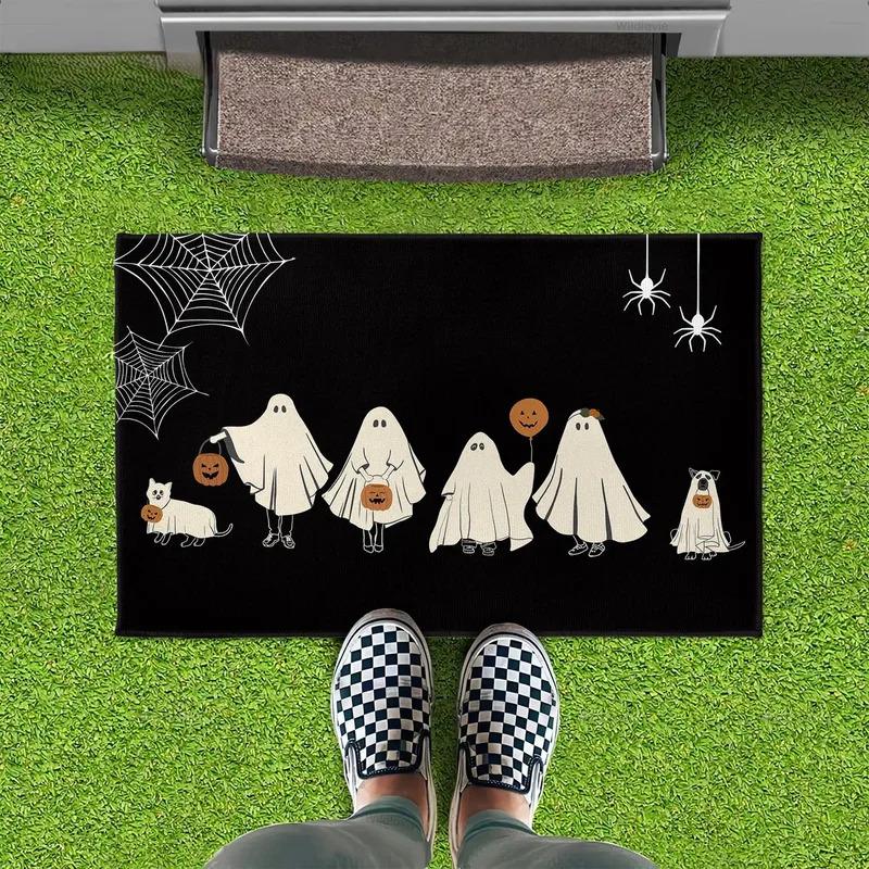 1Pc Spooky Family Halloween Non-Slip Washable Crystal Velvet Rug Kitchen Carpet Bathroom Entry Door Floor Mat Home Decor
