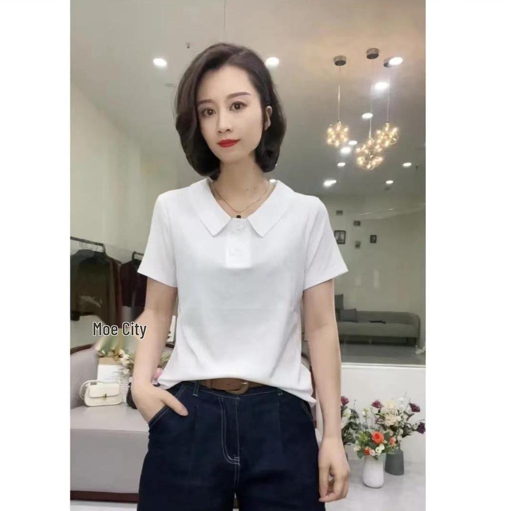 Women's Summer Casual Cotton Polo Shirt - Versatile Short-Sleeve with Lapel, Age-Reducing and New Temperament Style