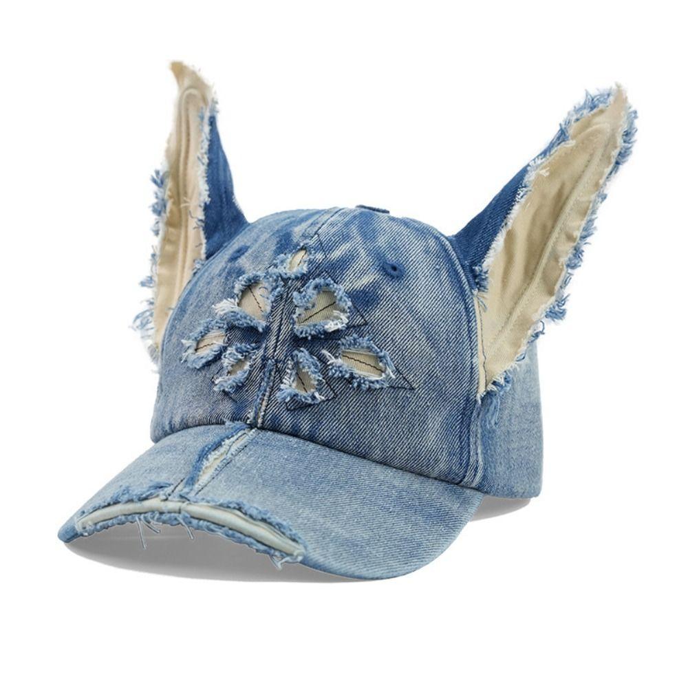 Y2K 3D Doberman Ears Denim Cap Washed Streetwear Hat Kawaii Distressed Baseball Cap for Women
