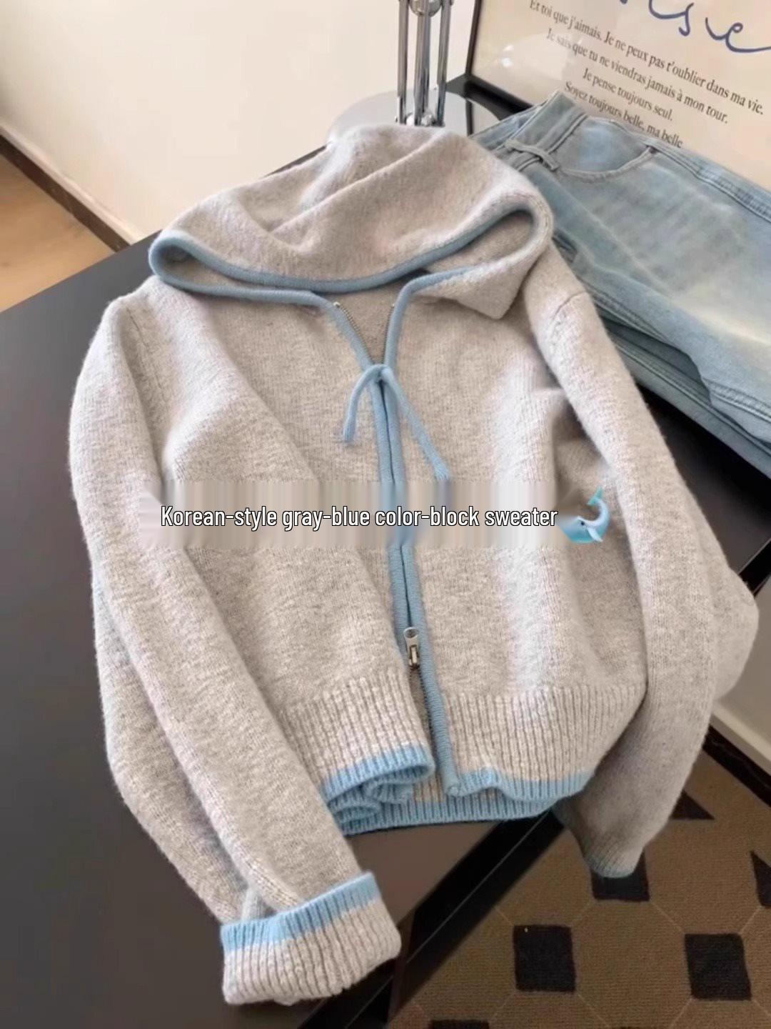 

Женский вязаный кардиган с капюшоном - 2025 Осень/Зима Colorblock на молнии Повседневный свитер M (Recommended 95-105 kg)