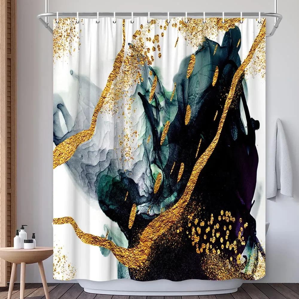 Abstract Navy Blue Gold Marble Shower Curtain Modern Luxury Golden Cracked Lines Fabric Bathroom Curtain Fashion Decor with Hook