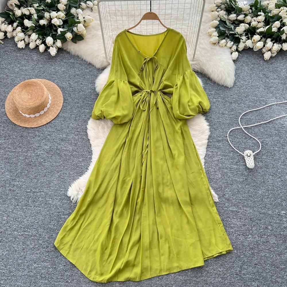 Retro V-Neck S páskem v pase Lucernový rukáv Délka ke kolenům A-Line Midi šaty Korejský Sle Letní Dlouhé šaty pro ženy