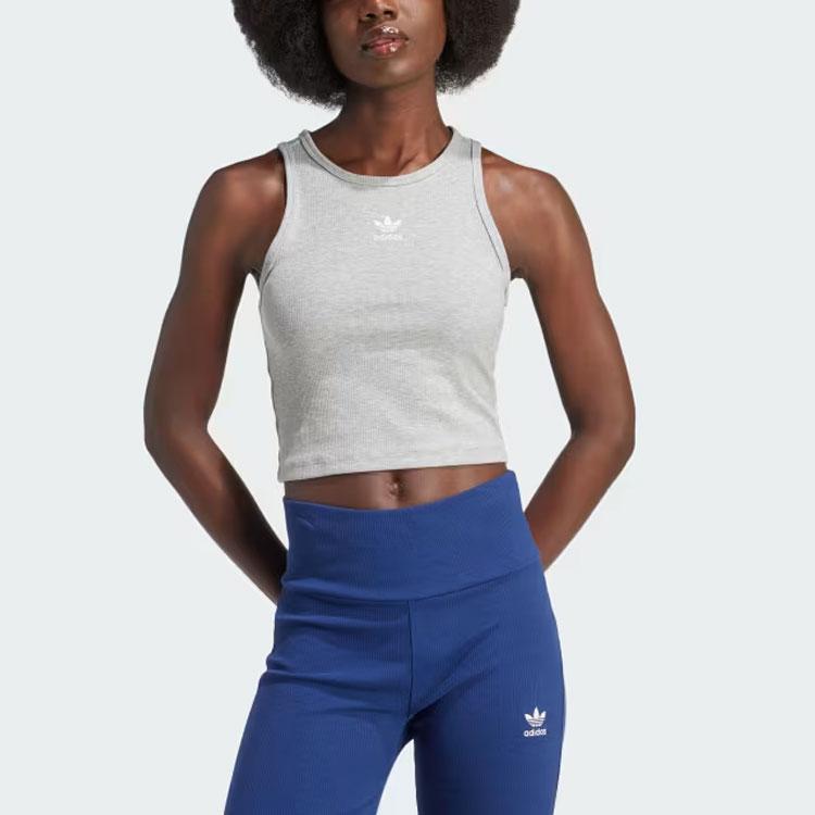 Adidas Originals Essential Logo Embroidered Ribbed Crew Neck Tank Top Women Tops Medium-Gray IY9649