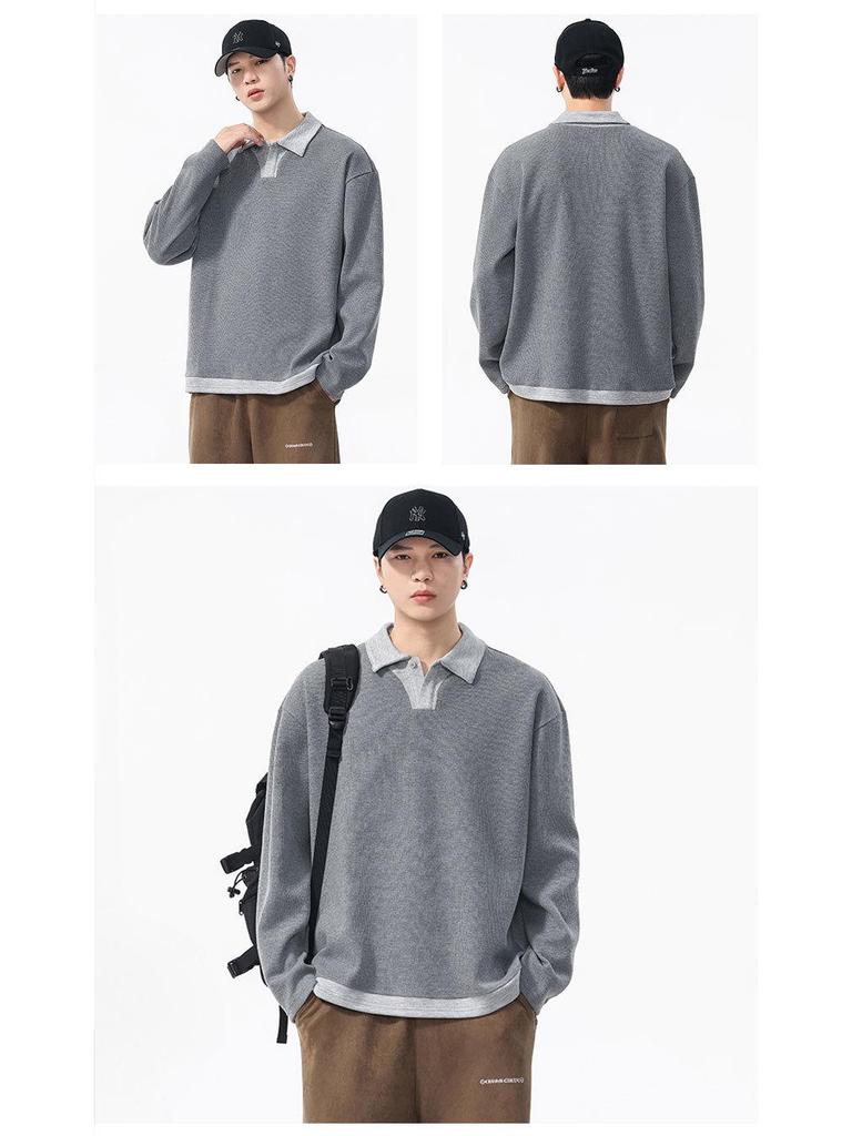 Pánská retro streetwearová mikina polo s dlouhým rukávem - Dvoudílný ležérní úplet s límečkem pro podzim/zimu
