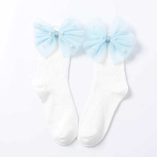 Girls Black Calf Socks Cute Bowknot Pearl Decor Combed Cotton Comfortable Toddler Baby Socks