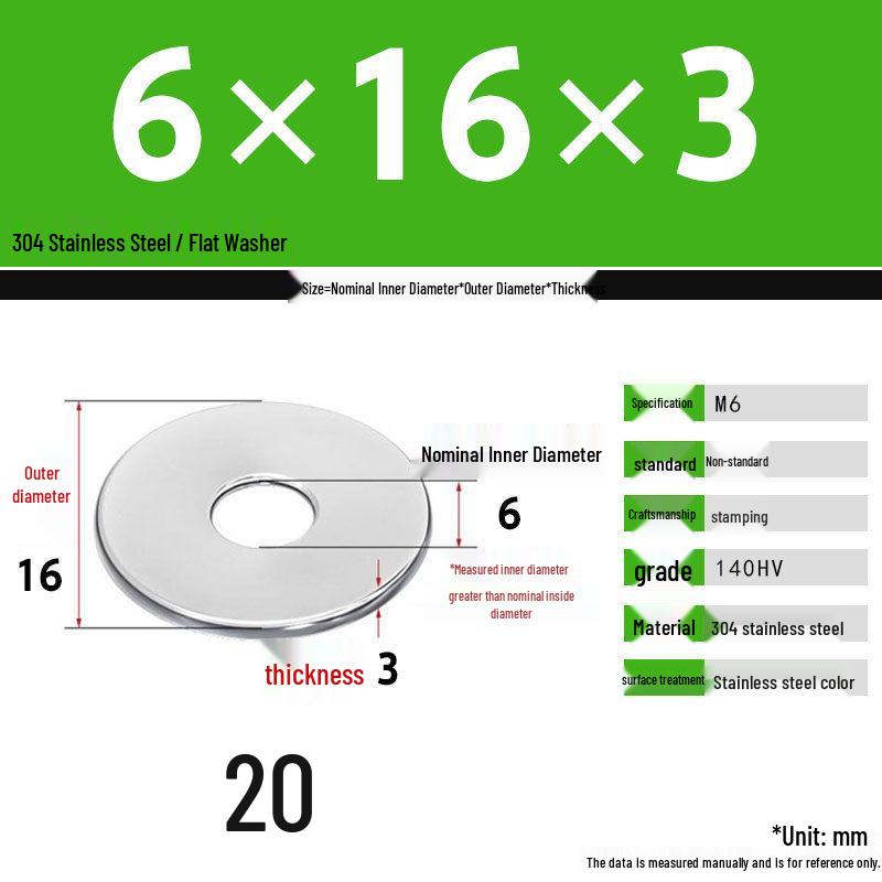 304 Stainless Steel Thickened Flat Washer Set, Sizes 2-36
