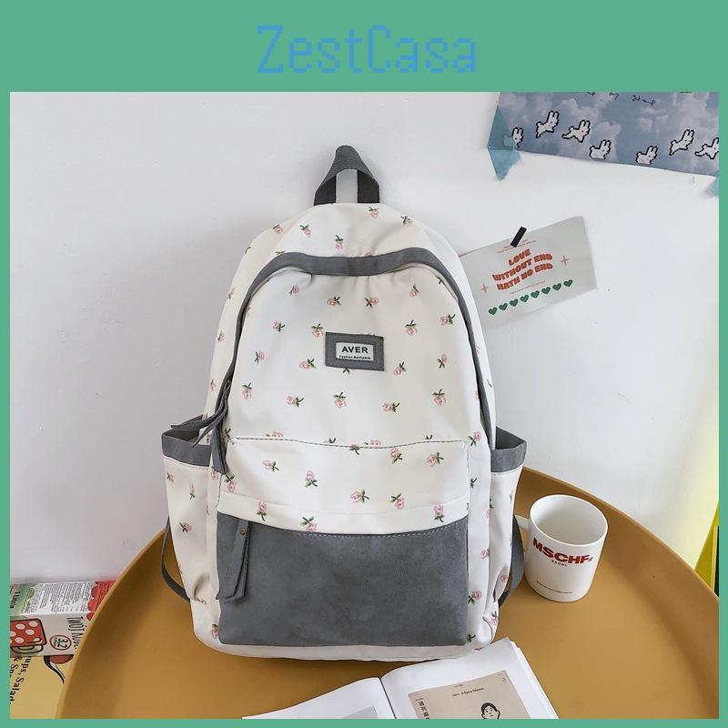 Color Blocked Fashionable Flower Pattern Letter Decor Student Casual Backpack