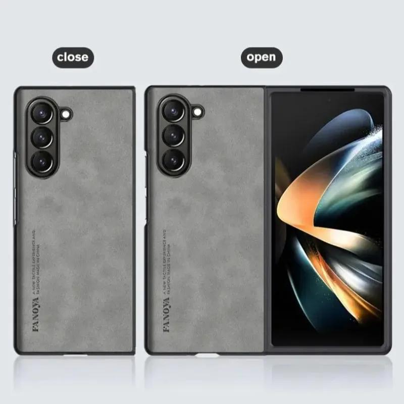 Matte Business Skin Touch Retro Lambskin Leather Phone Case For Samsung Galaxy Z Fold 7 6 5 4 3 PU+TPU Shockproof Protect Cover