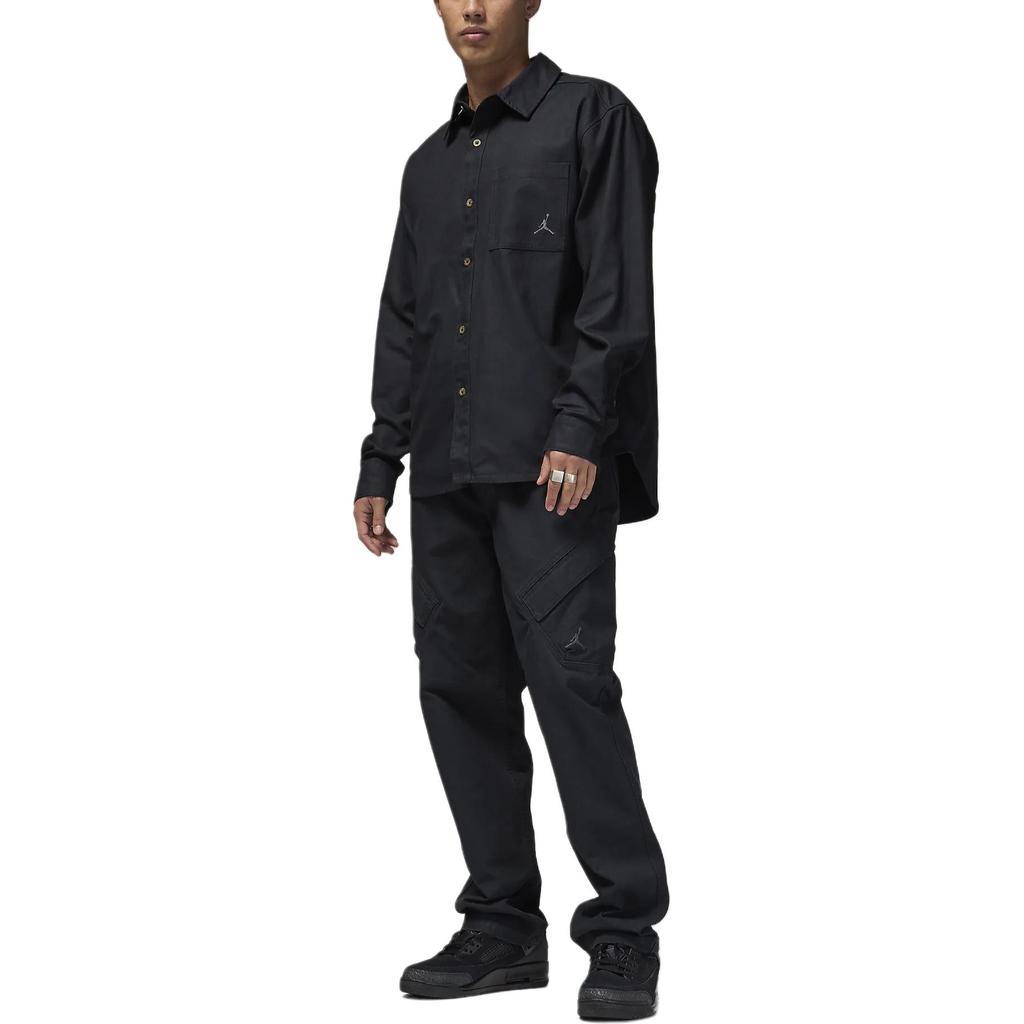 Jordan Essentials FW24 Button-Down Logo Comfortable Solid Fashionable Versatile Long Sleeve Shirt Men shirts Black FV7446-010