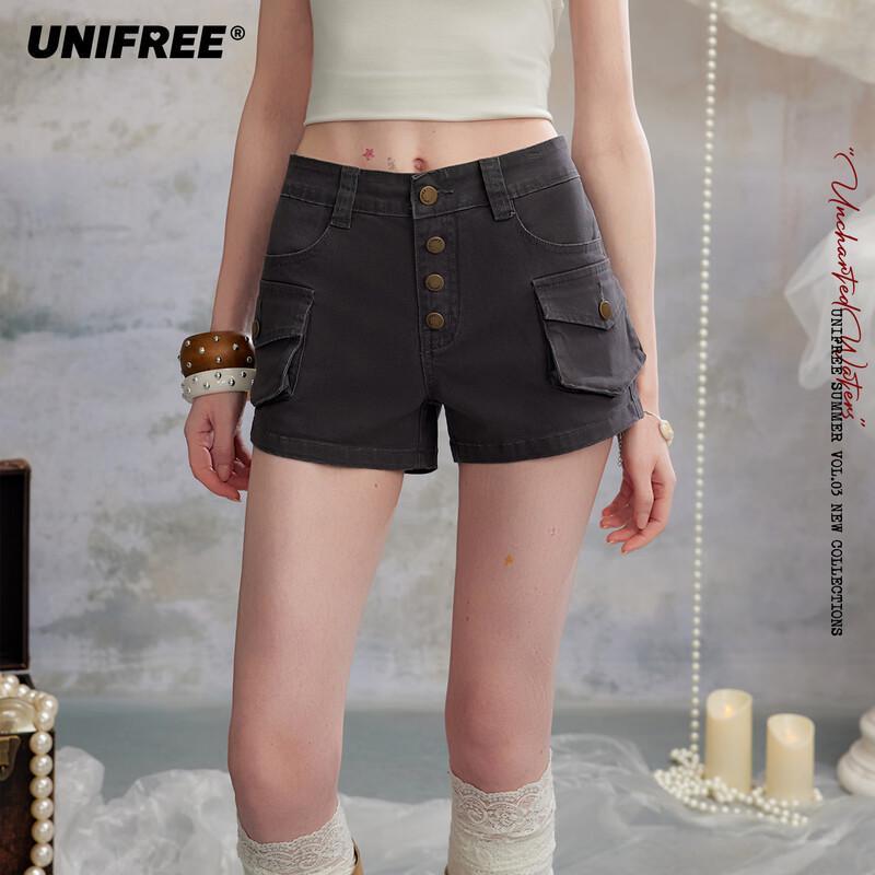 

UNIFREE Women s Retro Washed Slim Fit Multi-Pocket Denim Shorts L