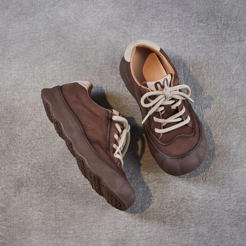 Johnature Retro Genuine Leather Soft Soled Women's Shoes Versatile Lace Up Flat Casual Shoes