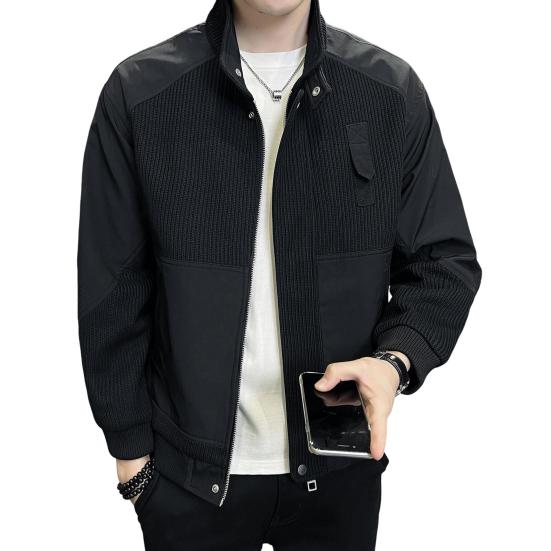 Men Jacket Stand Collar Long Sleeve Zipper Placket Jacket Coat Solid