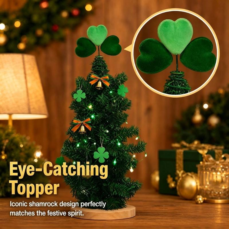 Soft Fabric Christmas Tree Top Ornament with Open Coil Base, Contrasting Green Leaves Styling, and Internal Iron Wire for Holiday Use