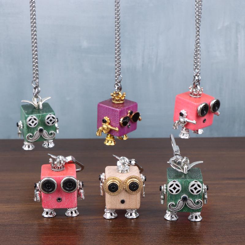 Lovely Hand-Made Punk Wooden Metal Steampunk Robot Charactors Keychain Pedant Necklace For Bag Charm Cool Jewelry Gift