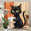 1Pc Black Cat Toilet Paper Shower Curtain - Green Eyes, Slightly Annoyed, Earthy Tones, Polyester, 70.8X70.8", Humorous Design