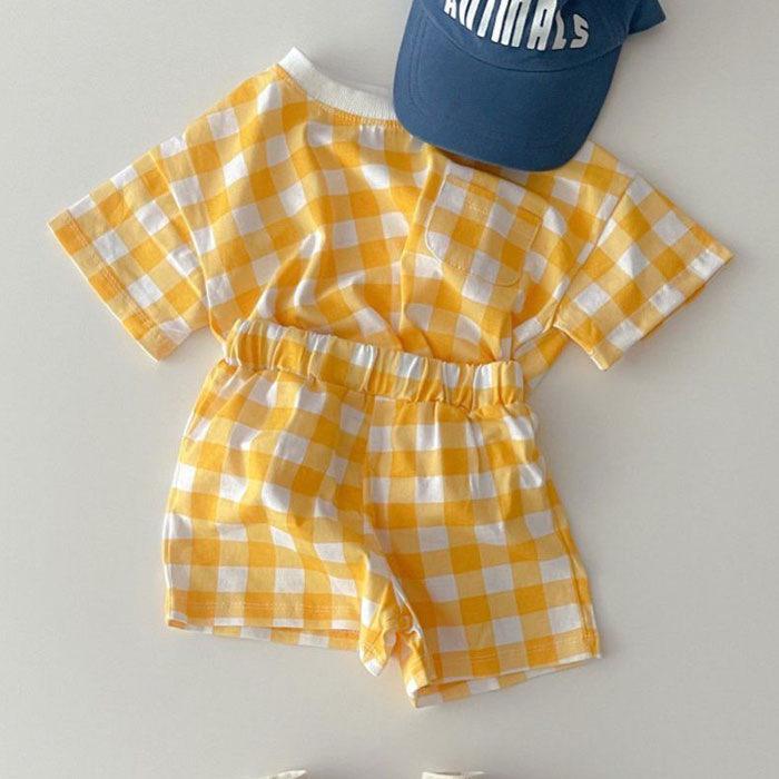 Summer Refreshing Short Sleeved Set with Heart-shaped Checkered Casual T-shirt and Shorts Two-piece Set