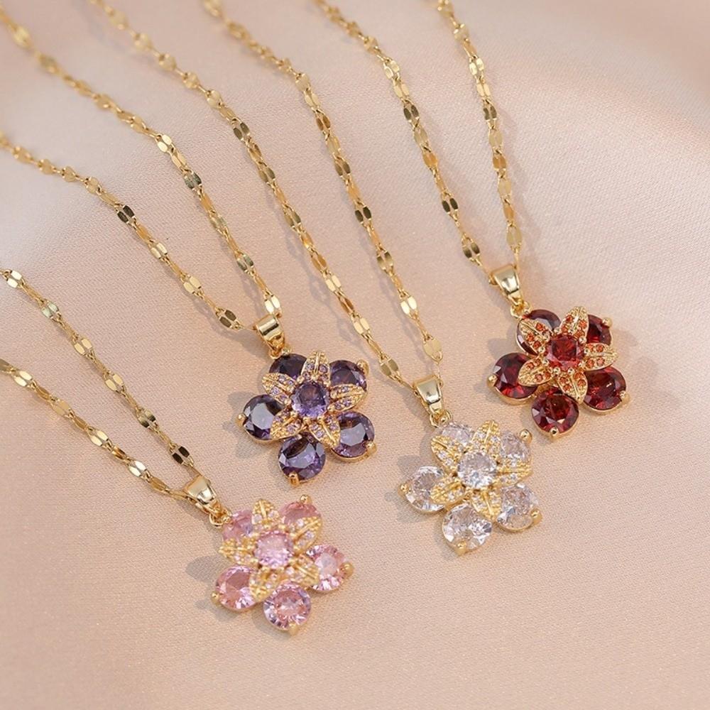 Shiny Zircon Pendant Necklace Crystal Petal Gold Necklace Gifts Rotatable Flowers Choker Wedding