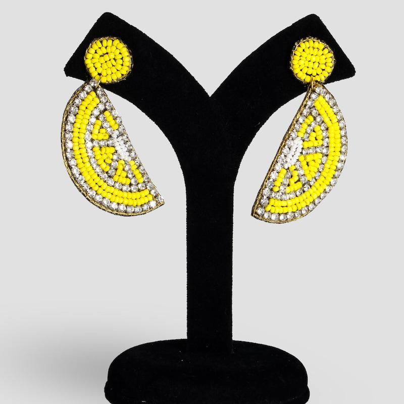 

Lemon Beaded Earrings: Yellow Embroidered Boho Jewelry