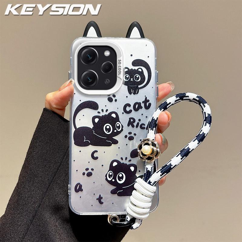 KEYSION Cute Ear Cartoon Case for Redmi 12 4G with Lanyard Soft Silicone+PC Shockproof Phone Back Cover for Xiaomi Redmi 12 5G