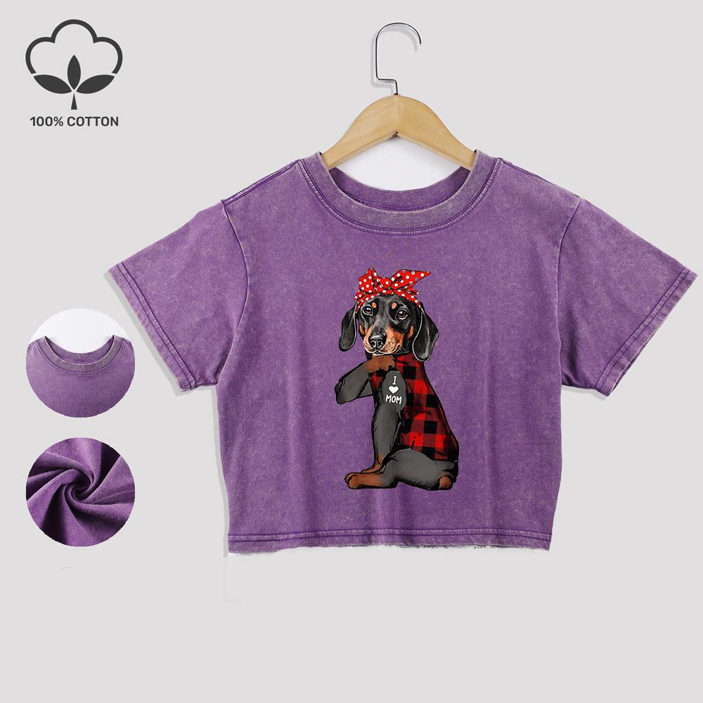 

Футболка хлопковая вареная с принтом надписи «Bow Dog I Love Mom», трендовый укороченный топ с кружевной отделкой подола, с круглым вырезом, обычного кроя, одежда M