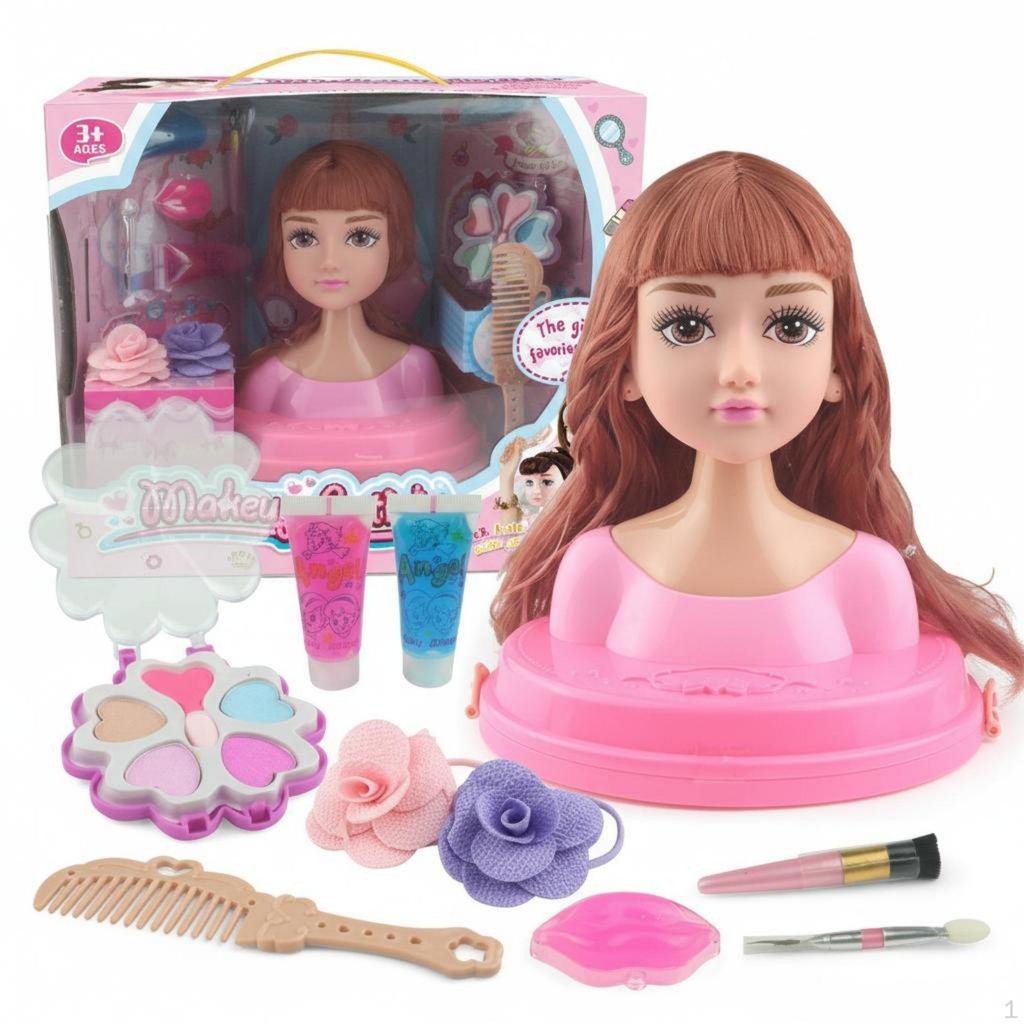 Makeup Doll Head Kit Gift Box Packaging Hairstyling Pretend Play for Children, Aspiring