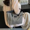 Large Capacity Shoulder Bag Zipper Shopping Handbag Simple Stripe Canvas Tote Bag  Girls