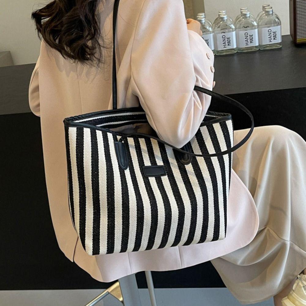 Large Capacity Shoulder Bag Zipper Shopping Handbag Simple Stripe Canvas Tote Bag  Girls