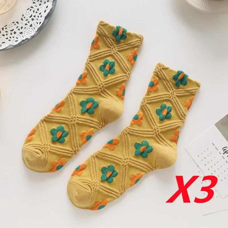 

3 пары/партия носков для женщин, хлопковые носки с оборками, короткие, дышащие, карамельного цвета, с вышитыми цветами, комплект на весну и осень Size Suit For 35-42