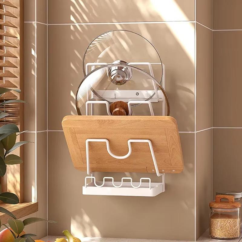 Good-Multifunctional Kitchen Storage Rack - Wall-Mounted Pot Cover, And Cutting Board Organizer With Drain Rack