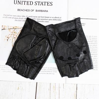 Men's Half Finger Leather Driving Gloves Fashion Hollow Out Single Layer Unlined Short Motorcycle Riding Fingerless Gloves