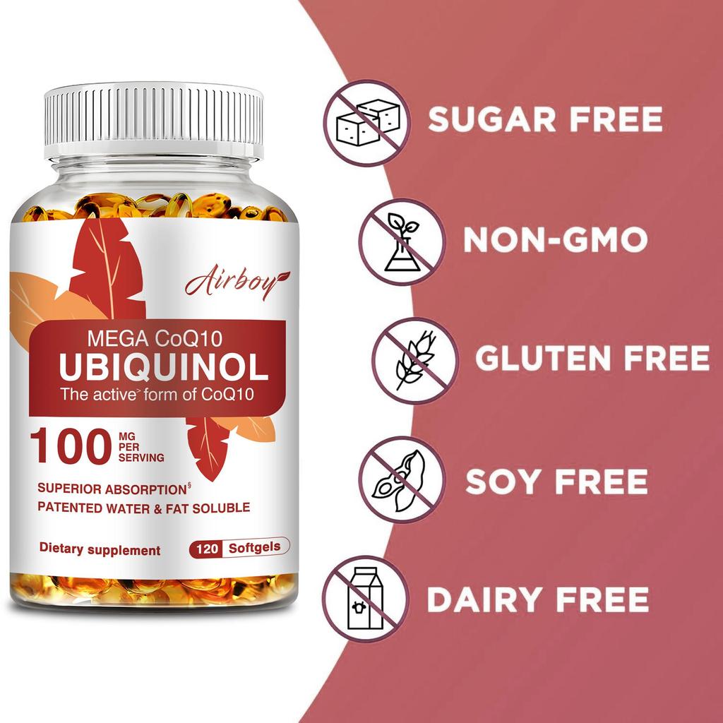 Medium-chain triglyceride oil capsules, containing panthenol and coenzyme Q10 extract, 100 mg, suitable for adults.
