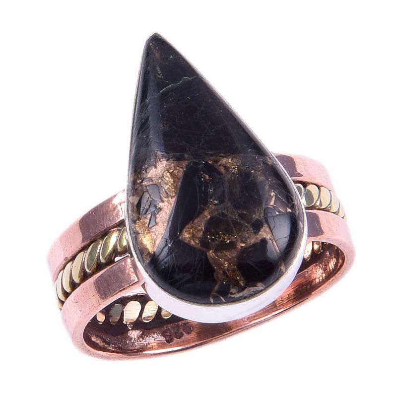 Natural Black Copper Turquoise 925 Sterling Silver Jewelry TwoTone Ring S.8 d7j79