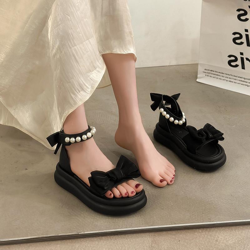 

Перлові босоніжки на платформі з бантом у стилі феї, жіночі, літо 2025, новинка, ретро, повсякденні сандалі для вулиці на платформі-мафіні, для сукні 40 чорний