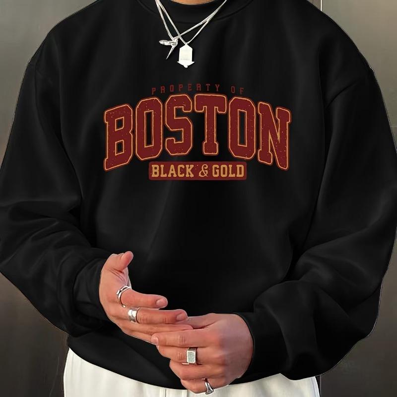 Men's Casual Crewneck Sweatshirt Boston Black Gold Print Fashion Long Sleeve